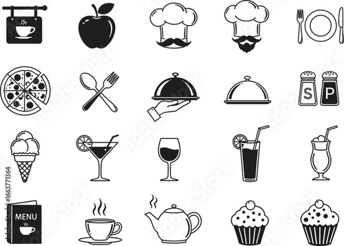 Black and white flat vector illustration of food and restaurant icons for cafe, cooking, dining, and beverage concepts