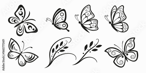 Stylized Black Butterfly Illustrations and Floral Swirls