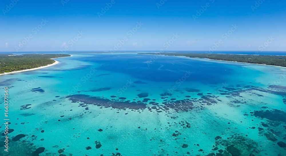 Obraz premium Breathtaking Tropical Lagoon Turquoise Waters, Palm Trees, and Pristine Beauty Under a Bright Blue Sky