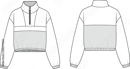 CAD drawing flat vector illustration of men’s utility jogger pants, front and back views, zipper pocket details, adjustable waistband, fashion sketch, technical garment design template
