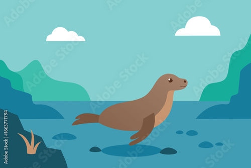 A cute seal enjoys a sunny day by the sea, surrounded by mountains and fluffy clouds, creating a cheerful and idyllic coastal scene
