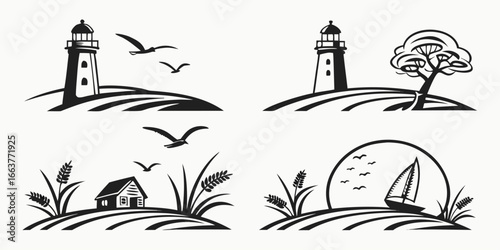 Stylized Coastal Scenes with Lighthouses and Nature