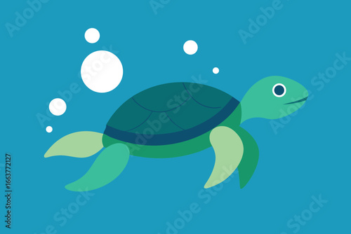 A cute sea turtle swims in the deep blue ocean, surrounded by bubbles, creating a whimsical and playful underwater scene for children