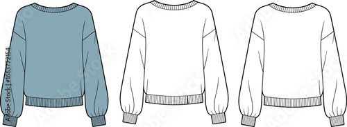 Oversized sweater front back side view with puffed sleeves, cad drawing flat vector illustration, fashion apparel layout, clothing design mockup