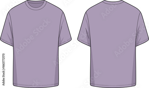 Oversized t-shirt CAD drawing, flat vector illustration of casual loose fit tee, short sleeve, round neck, front and back view, fashion design template