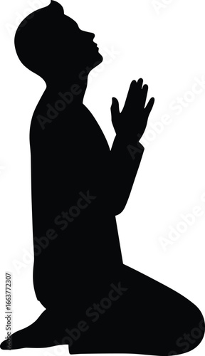 Person kneeling in prayer, hands clasped devotion, religious worship scene, spiritual meditation, faith illustration, silhouette art, peaceful moment vector