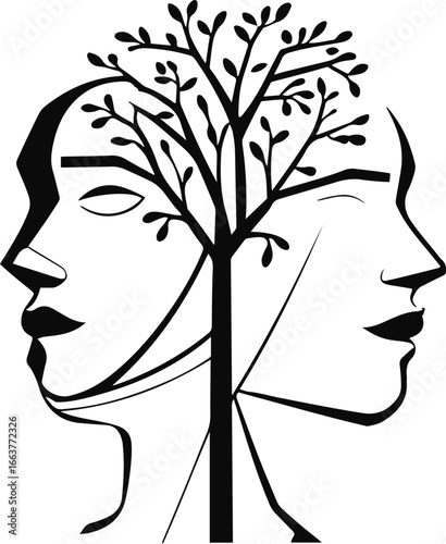 Minimal black and white line art of two faces forming a tree using negative space, abstract vector 1
