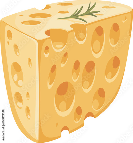 Piece of Swiss cheese with holes, yellow cheese block, dairy food illustration, natural cheese slice, fresh cheese with herb garnish, tasty cheese wedge, gourmet food item