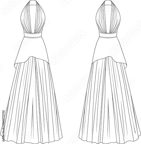 Pleated halter neck evening gown fashion sketch, cad drawing flat vector illustration, elegant dress layout, formal garment design templatePleated halter neck evening gown fashion sketch, cad draw