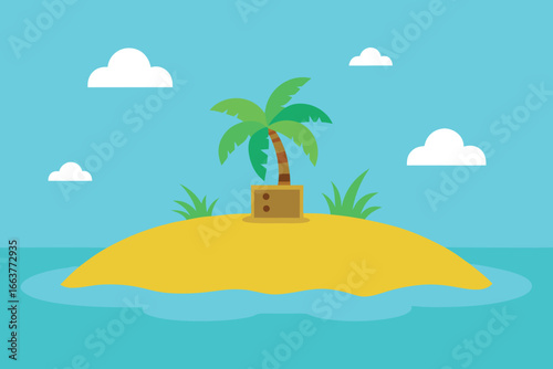 A tropical island with a palm tree, surrounded by turquoise water and fluffy clouds, perfect for a relaxing vacation getaway to a peaceful paradise