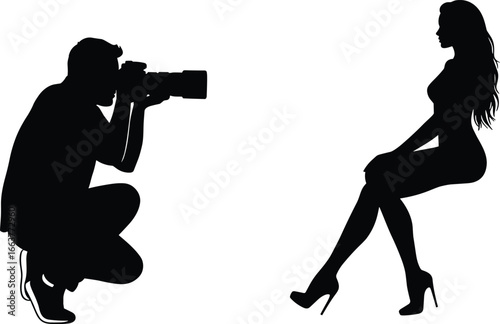 Professional photographer taking photo of model, fashion shoot, studio session, posing woman, photography concept, camera work, creative industry, silhouette art