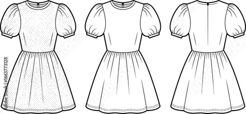 Puff sleeve short dress front and back flat sketch, gathered waistline, round neckline, fashion cad drawing for technical illustration
