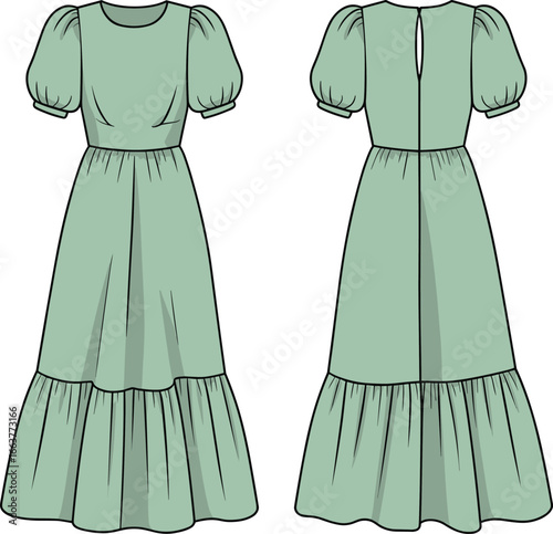 Puff sleeve tiered dress fashion sketch, cad drawing flat vector illustration, elegant garment design, clothing layout template, stylish outfitPuff sleeve tiered dress fashion sketch,