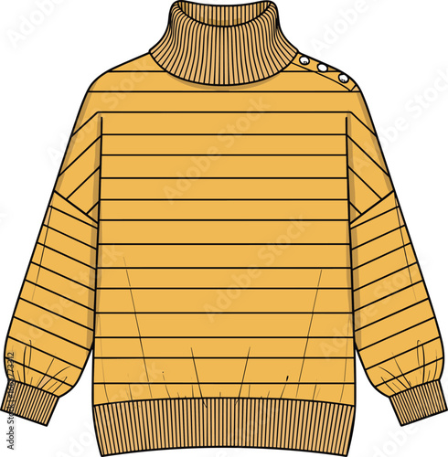 Oversized striped sweater design with a cozy high neck and buttons on the shoulder, perfect for winter fashion