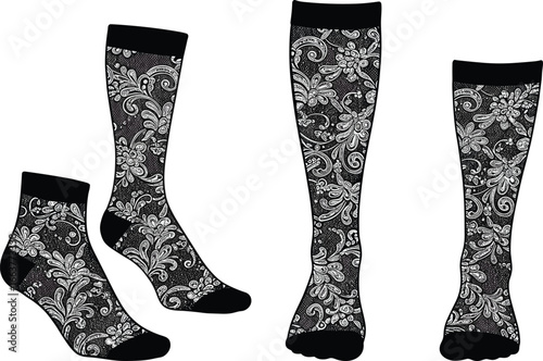 
Intricate black and white lace floral patterned socks, vector illustration for fashion, textile, and apparel design projects