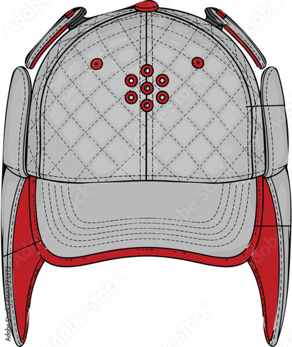 Quilted trapper-style hat in neutral gray with red accents and ear flaps, designed for warmth and winter weather protection