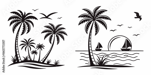 Tropical beach scene with palm trees and sailboats