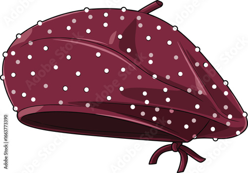 Stylish vintage-inspired maroon beret hat with a whimsical polka dot pattern, perfect for adding a chic and artistic touch