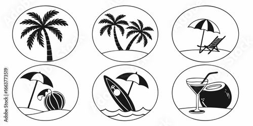 Tropical Beach Vacation Icons Set