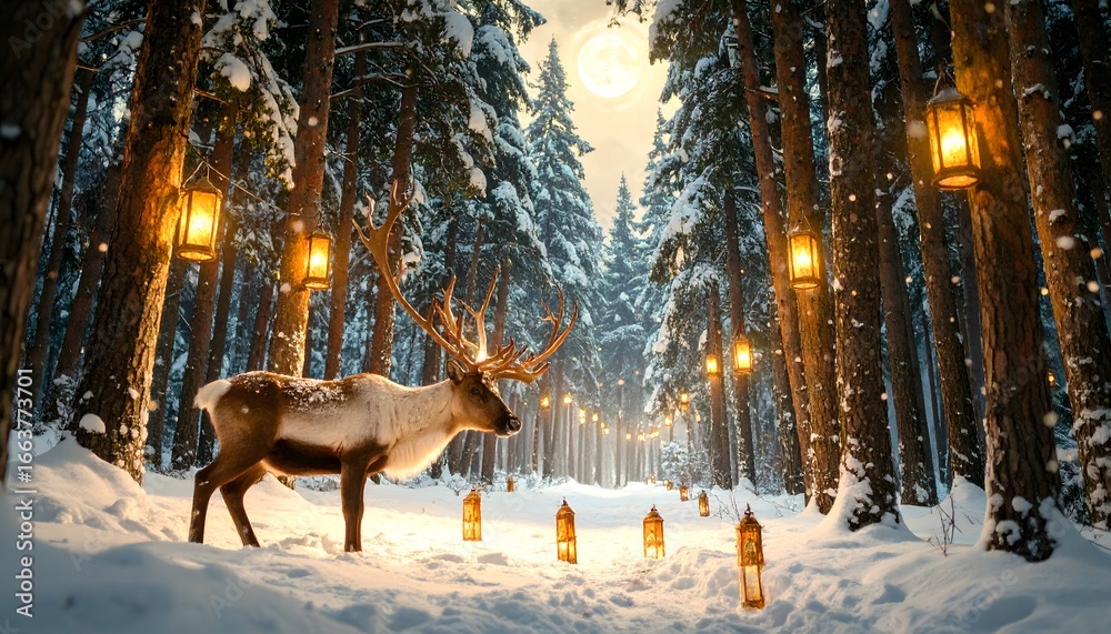 Fototapeta premium Enchanted winter scene with a reindeer in a snow-covered forest lit by warm glowing lanterns