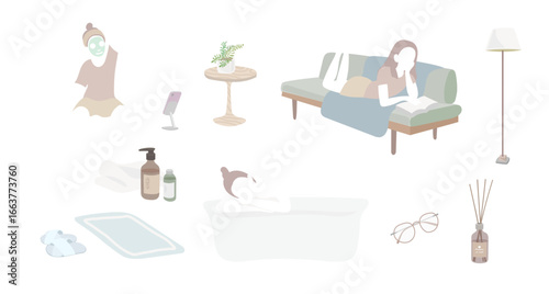 ナイトルーティン セルフケアする女性の美容セット