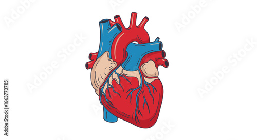 Anatomical illustration of a human heart showcasing its intricate structures and blood vessels for educational purposes