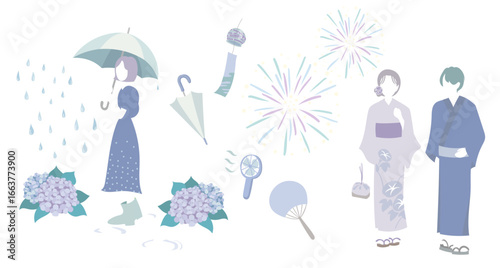 Early Summer in Japan – Yukata, Fireworks, Rainy Season Vector Set
