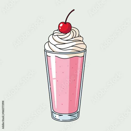 Cartoon illustration of a tall glass filled with a pink milkshake topped with whipped cream and a cherry