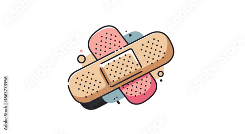 Cartoon style illustration of two crisscrossed adhesive bandages for wound care and protection, with a minimalist background
