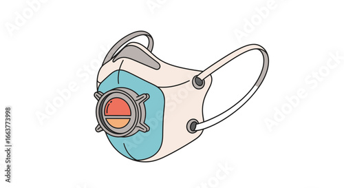 Cartoon style respirator mask illustration with a futuristic design and clear filter element for safety and protection