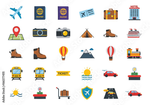 Collection of travel and transportation icons representing globetrotting adventures and journeys