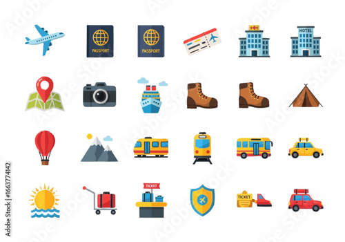 A comprehensive collection of vibrant flat design icons illustrating diverse aspects of global travel, tourism, transportation, and vacation planning