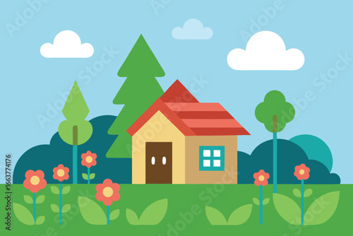 Charming house in a garden with flowers and trees, a flat design illustration ideal for nature themed backgrounds and cheerful childrens designs