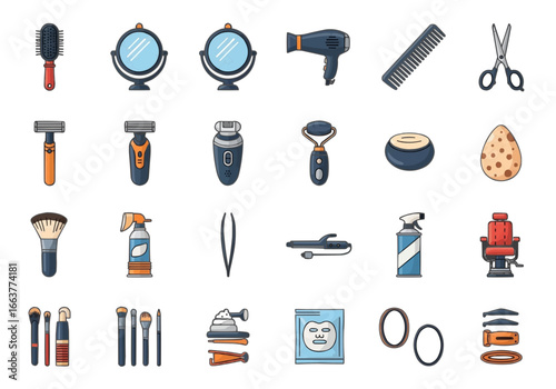 Vector illustration set of colorful cartoon icons for beauty, personal care, and grooming, featuring various tools for salons and home use