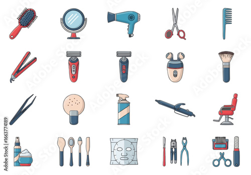 Cartoon Set of Beauty and Grooming Tools for Personal Care