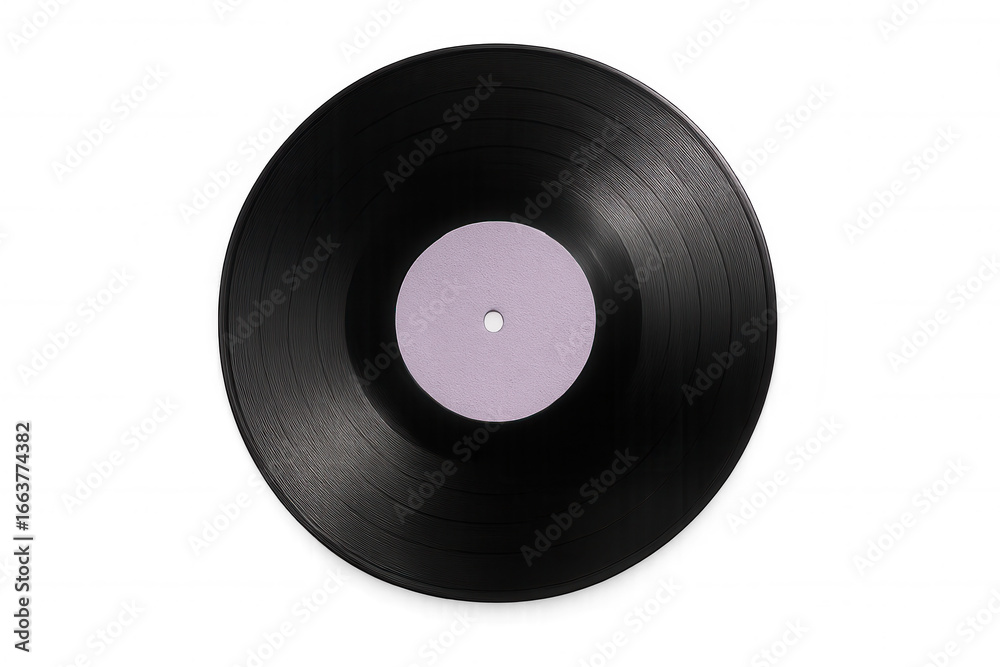 Obraz premium Black vinyl record with blank lilac label isolated on transparent background, perfect for music-themed projects
