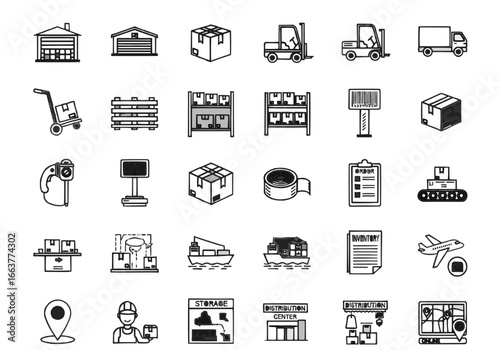 Logistics and Supply Chain Icons Set Warehouse, Delivery, Forklift, Shipping, and Package Graphics