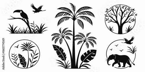 Tropical Jungle Silhouettes with Wildlife and Flora