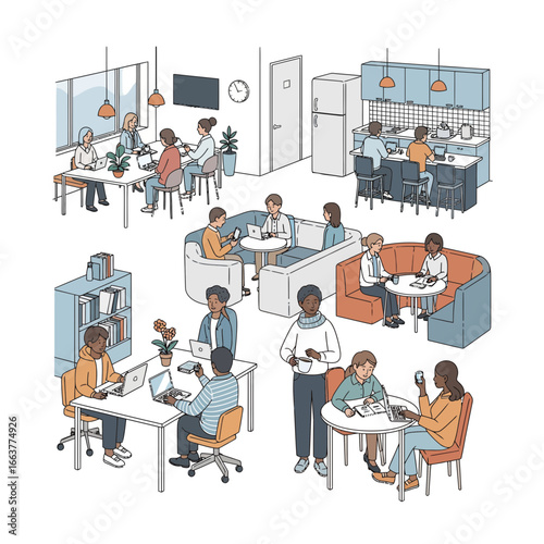 Diverse group of people working and socializing in a modern co-working space with kitchen and lounge areas