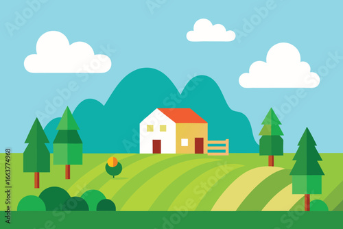 Idyllic countryside landscape featuring a charming house nestled amidst rolling green hills, with trees and clouds under a clear blue sky
