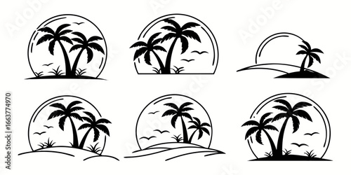 Tropical Palm Tree Sunset Beach Scene Silhouettes