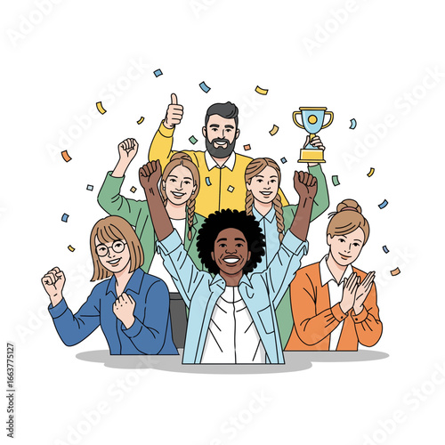 Diverse team celebrates victory with a trophy and confetti, showcasing teamwork and success in a vibrant illustration