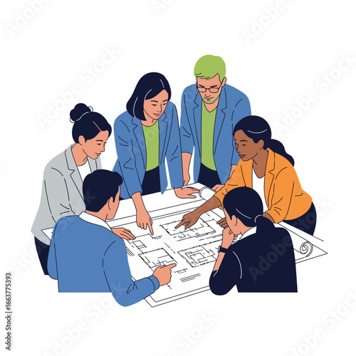 Diverse team of architects collaborating on blueprint design in a modern office setting for urban planning and construction project