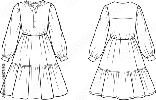 Dress, front, back, view, long, puffed, sleeves, ruffled, neckline, buttoned, placket, tiered, skirt, waist, cinched, fashion, sewing, pattern, garment, illustration