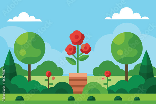 A picturesque garden with blooming flowers and lush trees under a clear sky, creating a tranquil and inviting outdoor scene with a peaceful atmosphere