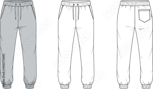 cad full pant technical flat, henley neck, front kangaroo pocket, back hood view, casual wear CAD fashion vector sketch