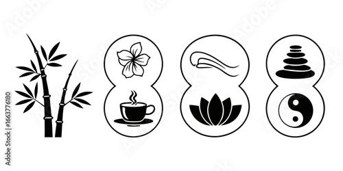 Zen Lifestyle Icons: Bamboo, Flower, Lotus, Stones, Yin Yang