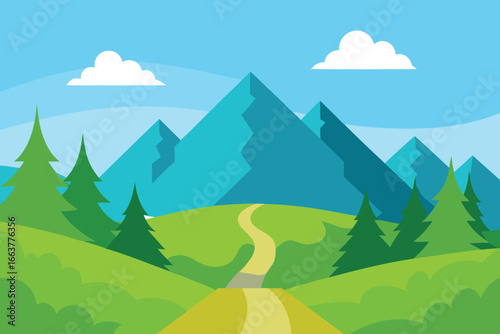 Idyllic mountain scenery featuring a winding path, green hills, and towering trees under a bright blue sky with scattered clouds for travel inspiration