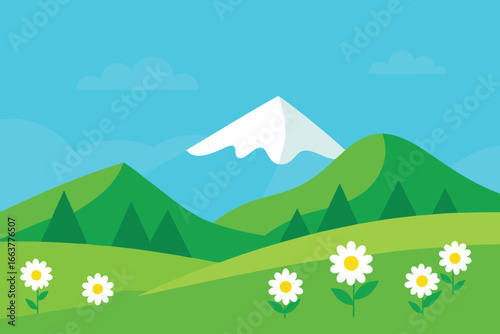 Scenic mountain landscape with green hills, white snow peak, blue sky, and blooming daisies in the foreground, creating a serene and idyllic nature scene