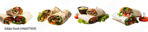 Fresh tortilla wraps filled with beef, vegetables, and lettuce. Rolled sandwiches served with tomato and sauce for a tasty meal. Healthy and delicious wrap food isolated on black background.